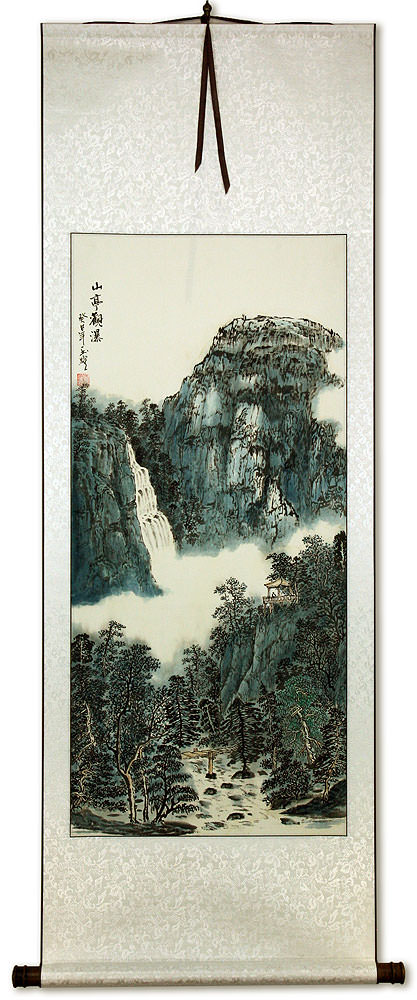 Mountain Waterfall and Pagoda - Chinese Landscape Wall Scroll