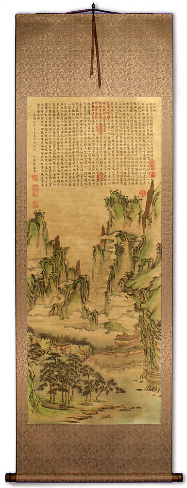 Immortal Mountain Pavilion Poetry - Chinese Landscape Print Wall Scroll