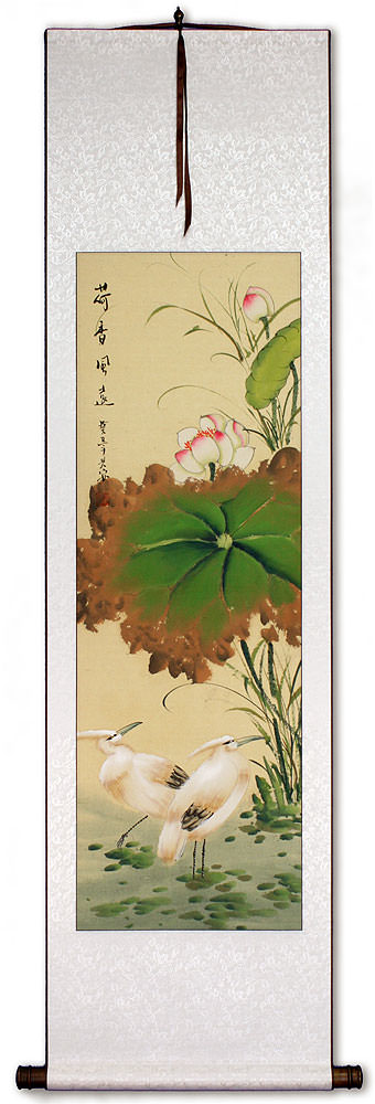 Lotus Scent Travels Far - Egrets and Lotus Wall Scroll