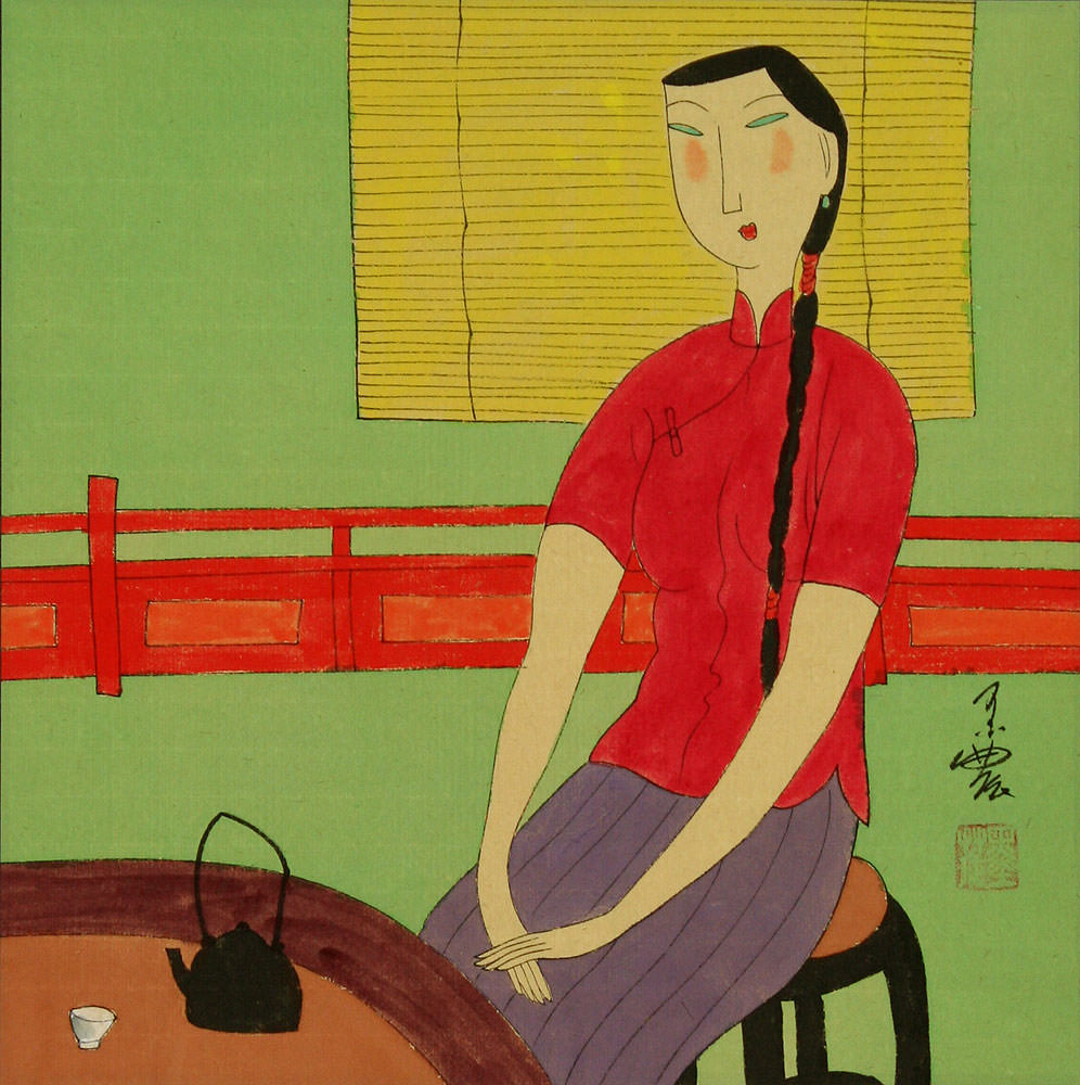 Asian Woman and Teapot - Modern Art Painting