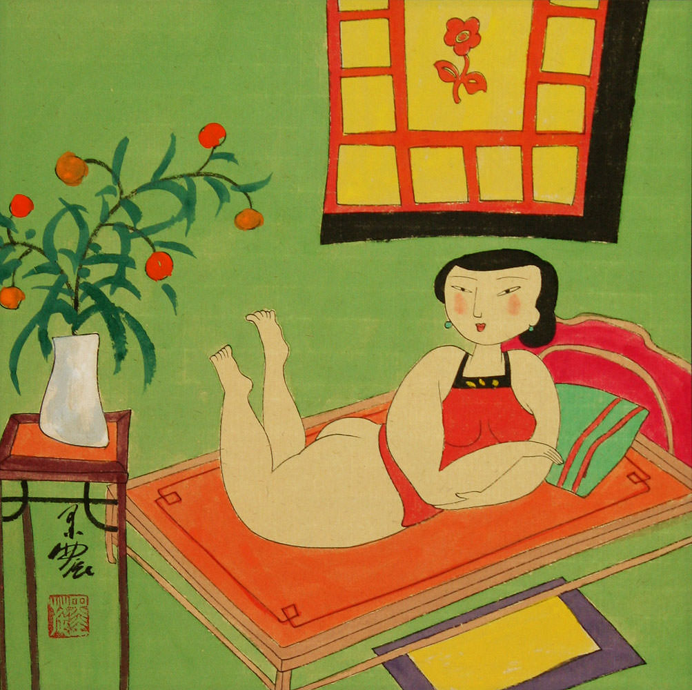 Sexy Chinese Woman on Bed - Modern Art Painting
