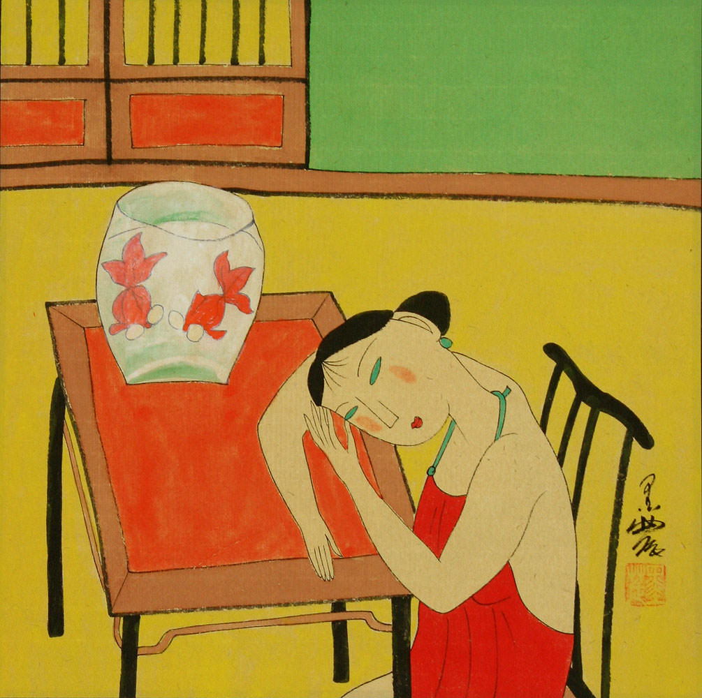 Asian Woman and Fish Bowl - Modern Art Painting