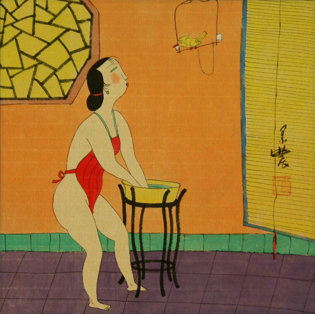 Semi-Nude Chinese Woman and Bird - Modern Art Painting