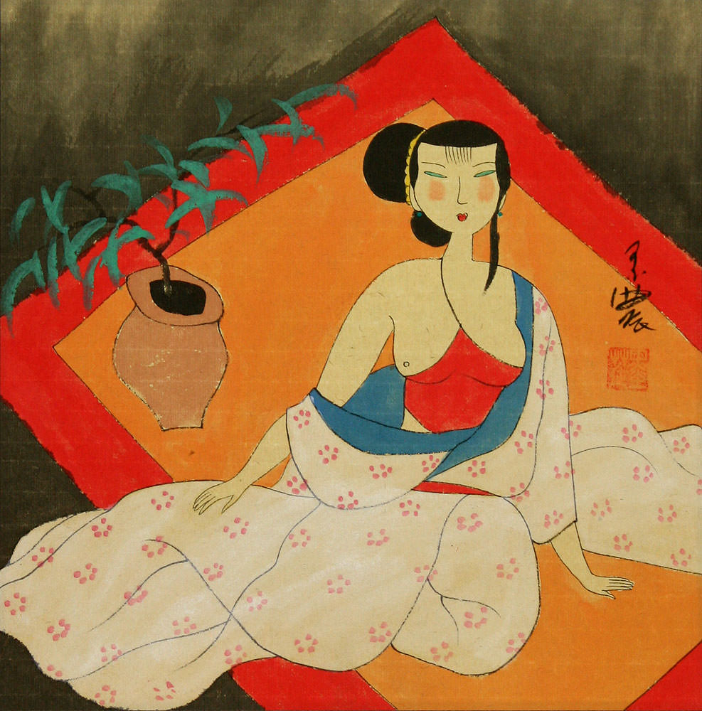 Semi-Nude Asian Woman Relaxing - Modern Art Painting
