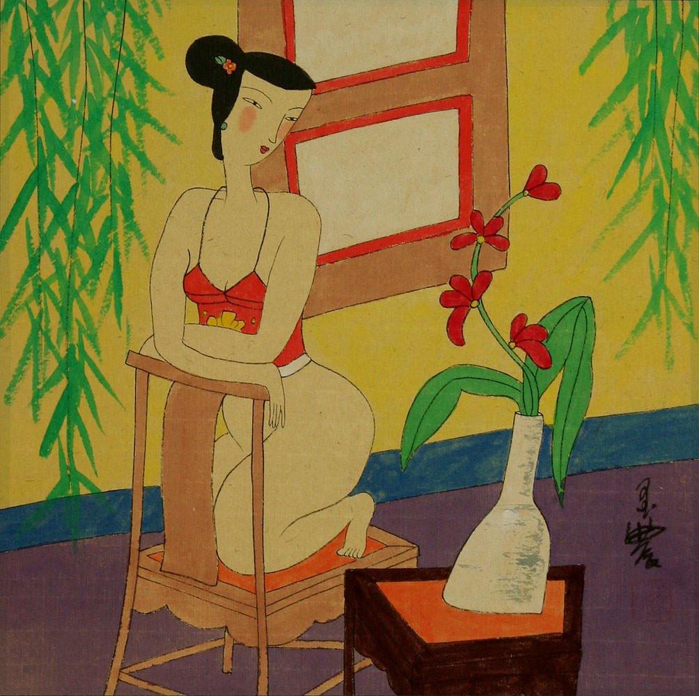 Hanging Out in the Nude with Flowers - Chinese Modern Art Painting