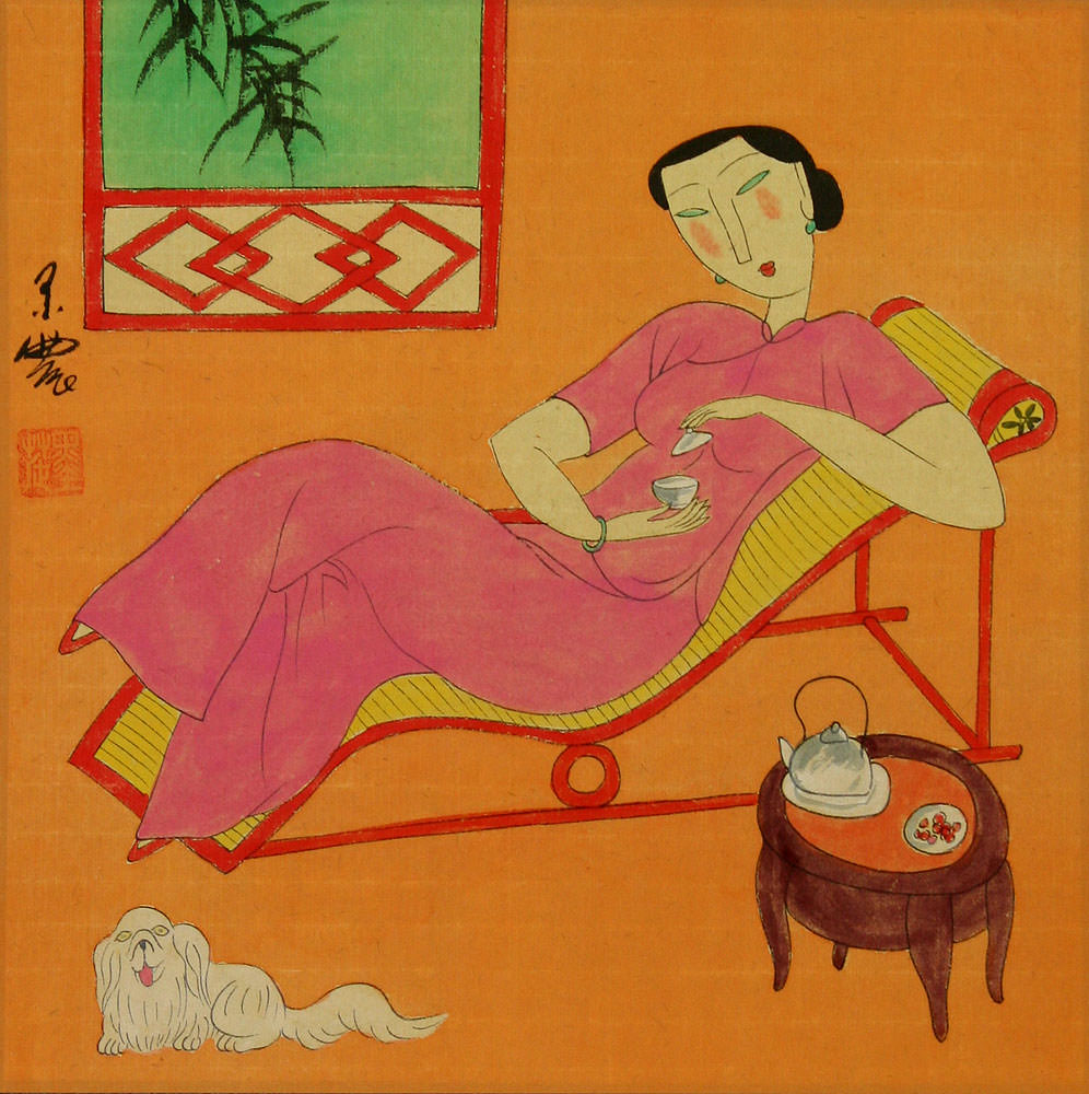Chinese Woman and Dog - Modern Art Painting
