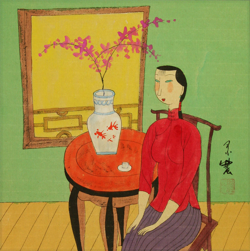 Willow in Vase, Woman in Mandarin Collar - Modern Art Painting