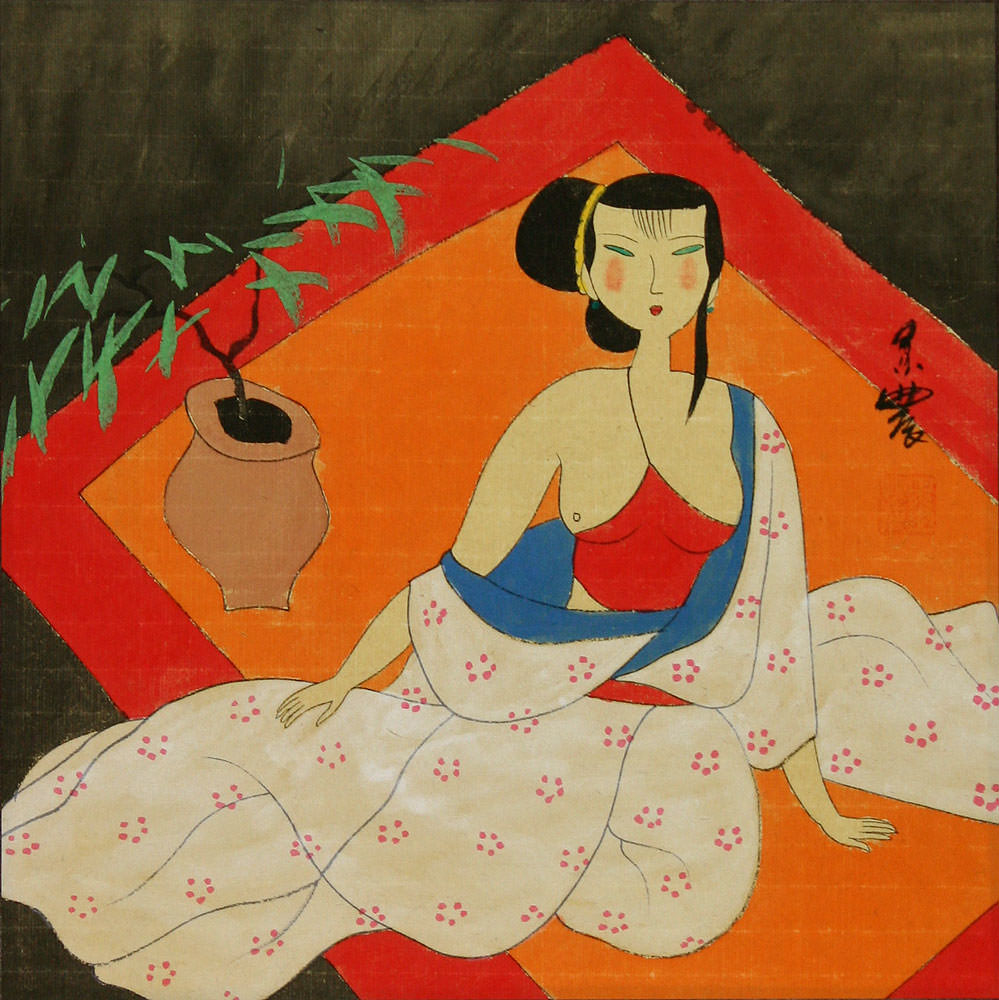 Semi-Nude Chinese Woman Relaxing - Modern Art Painting