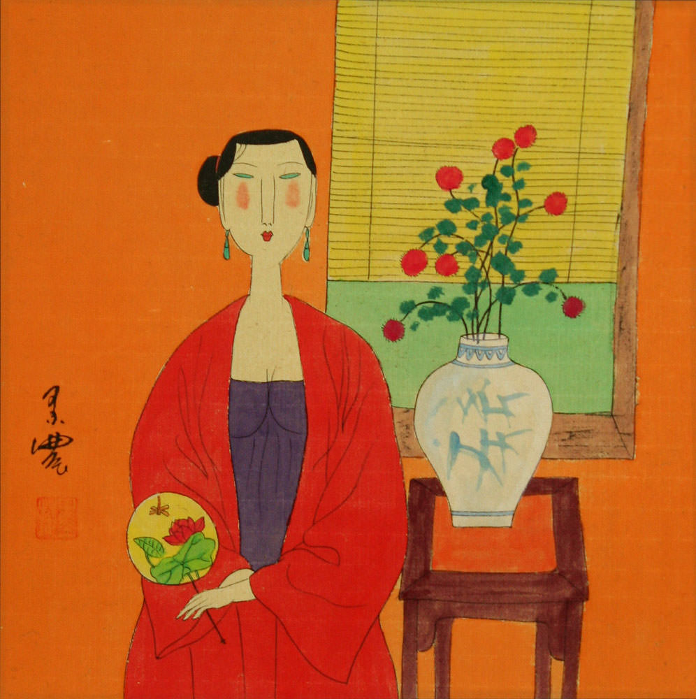 Asian Woman, Flowers Vase & Fan - Modern Art Painting