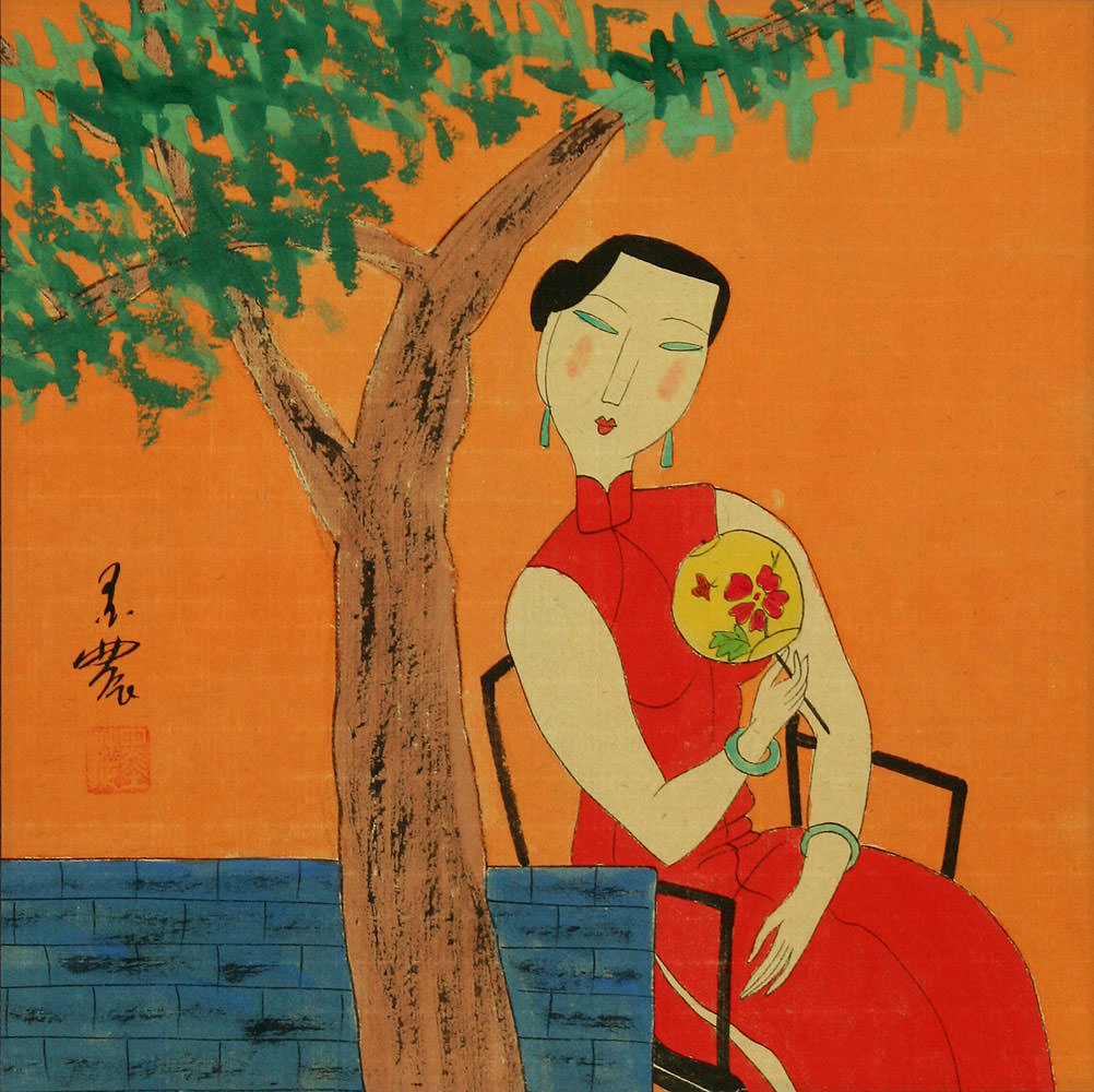 Woman Fanning Under a Tree - Chinese Modern Art Painting