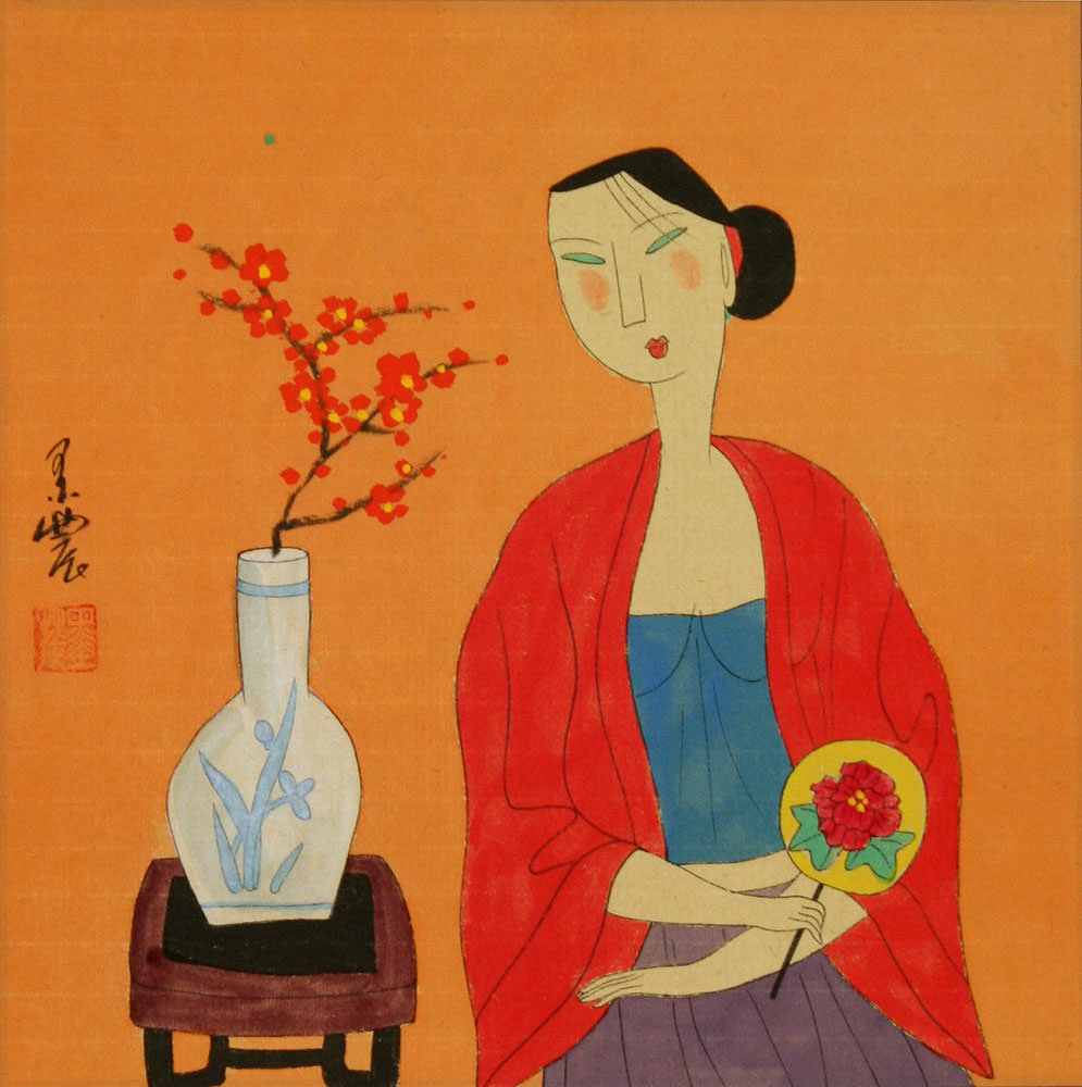 Asian Woman and Kitten - Modern Art Painting