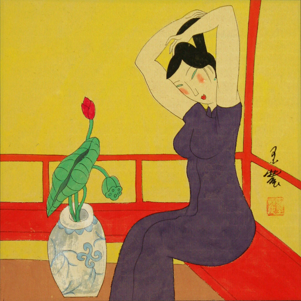 Woman and Lotus in Vase - Modern Art Painting