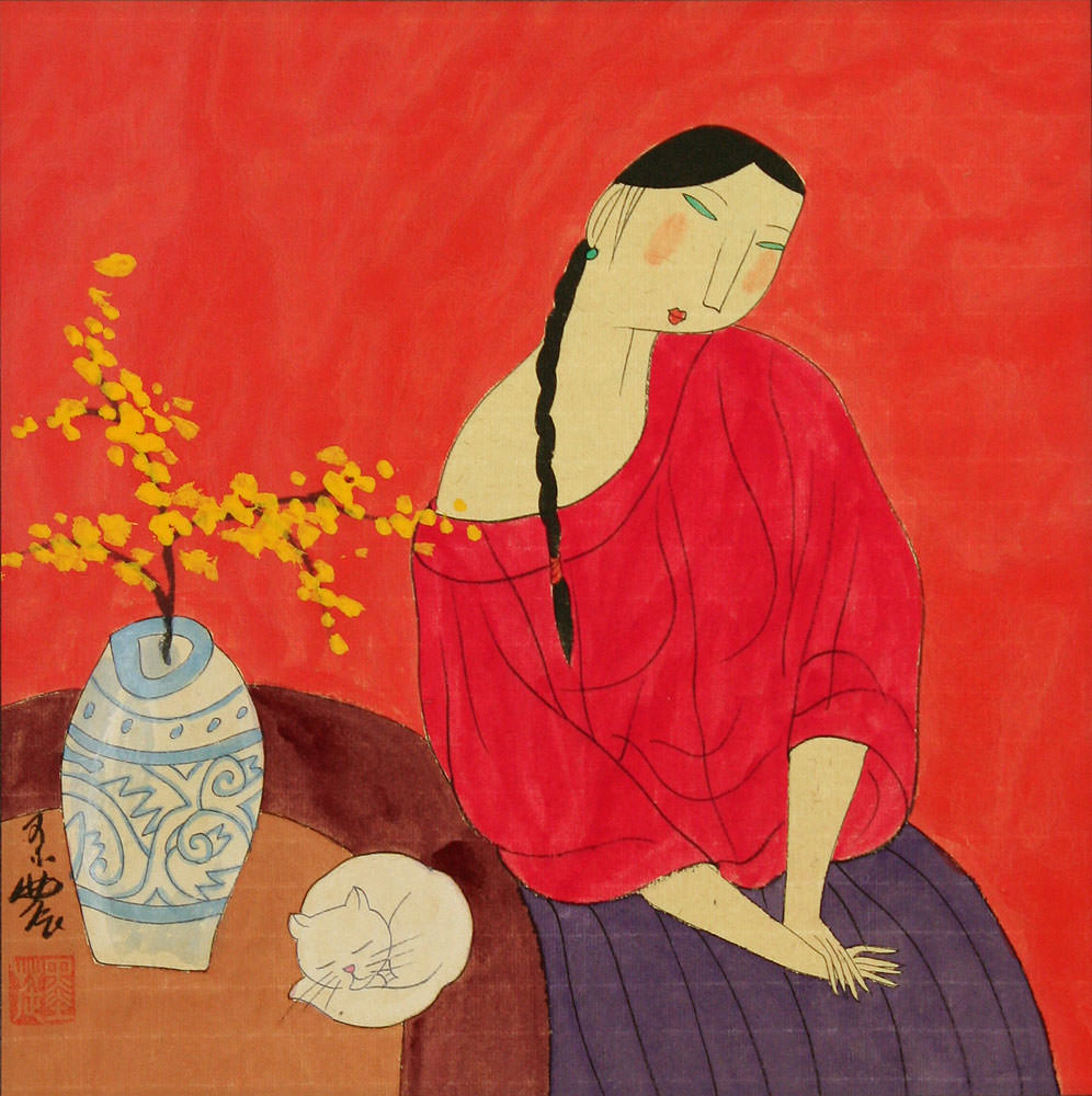 Woman and Plum Blossom Vase - Modern Art Painting