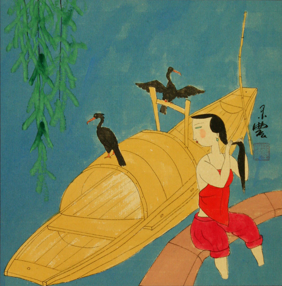Chinese Woman Wading by Boat and Birds - Modern Art Painting