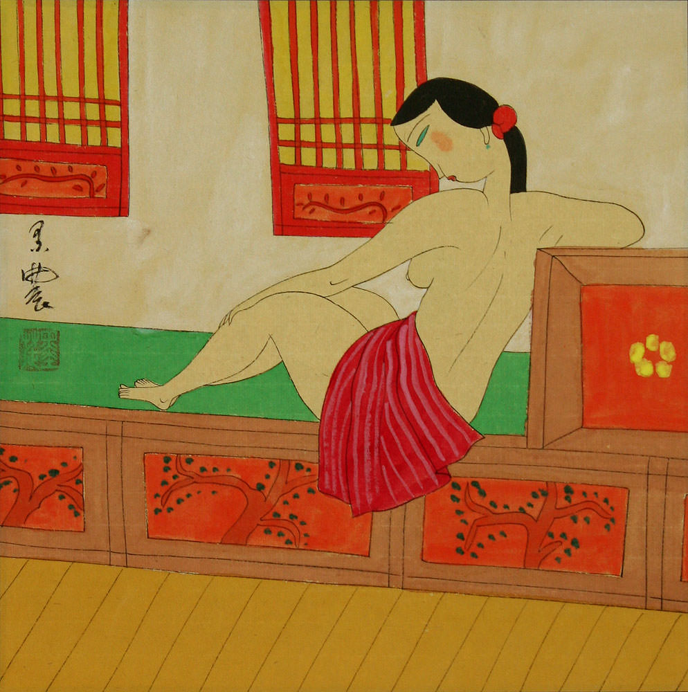 Hanging Out in the Nude with Cat - Modern Art Chinese Painting