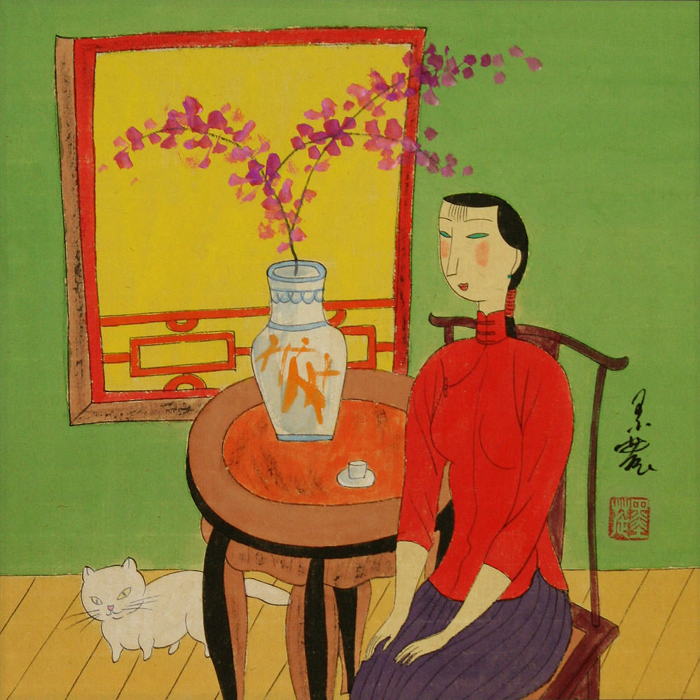 Woman and Cat - Chinese Modern Art Painting
