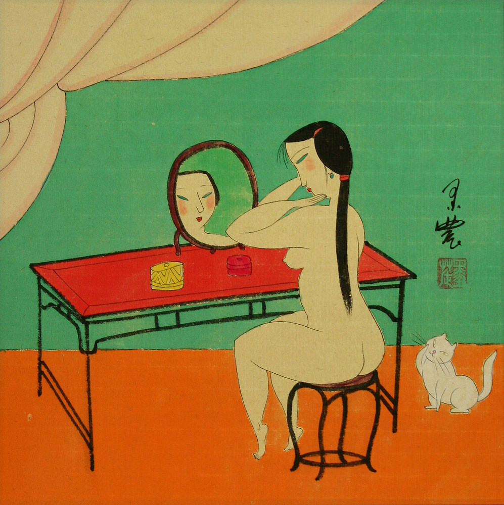 Nude Chinese Woman Mirror Gazing - Modern Art Painting