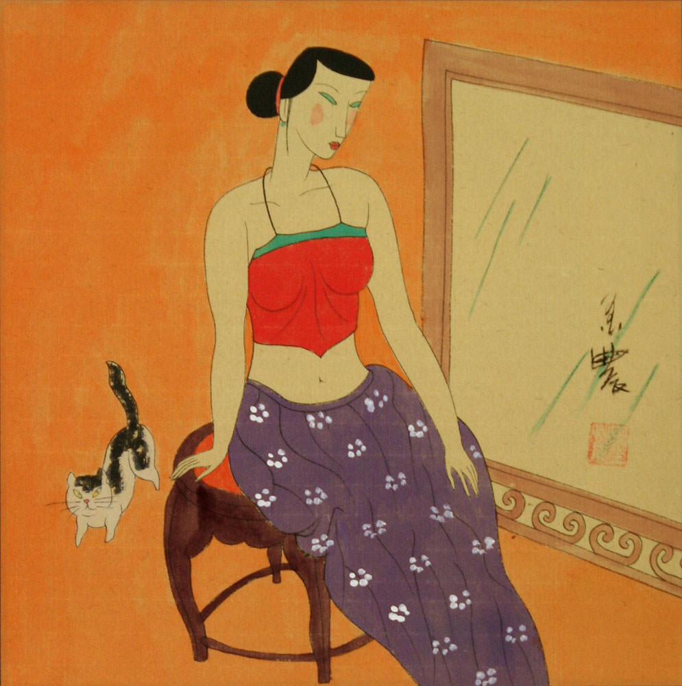 Asian Woman with Cat - Modern Chinese Art Painting