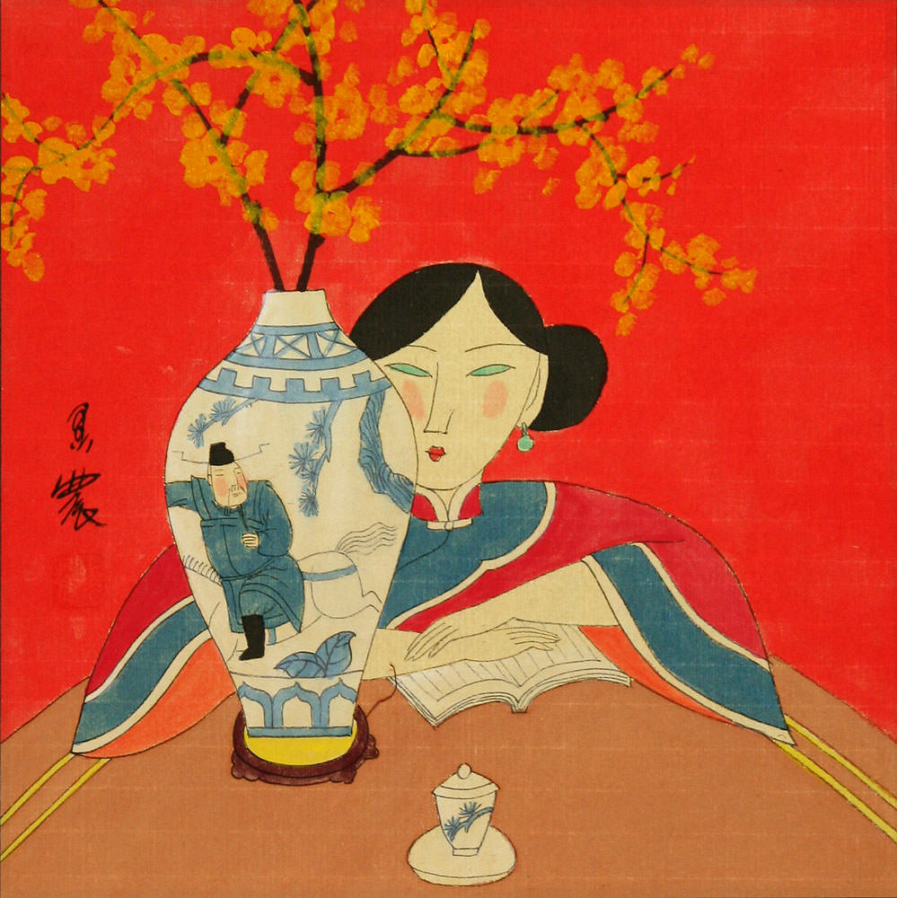 Asian Woman and Flower Vase - Modern Art Painting