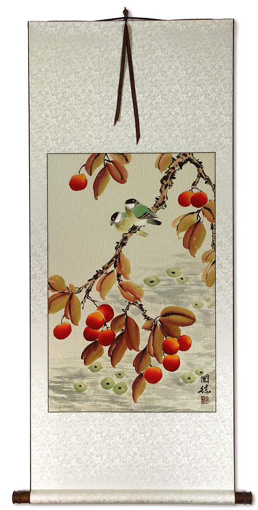Birds and Loquat Fruit Wall Scroll