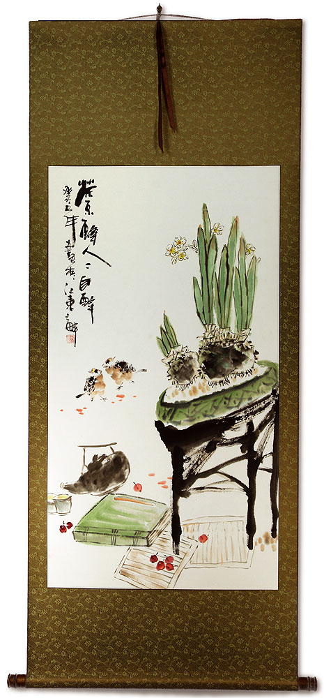 Traditional Antique-Style Bonsai/Penzai Still Life - Large Wall Scroll