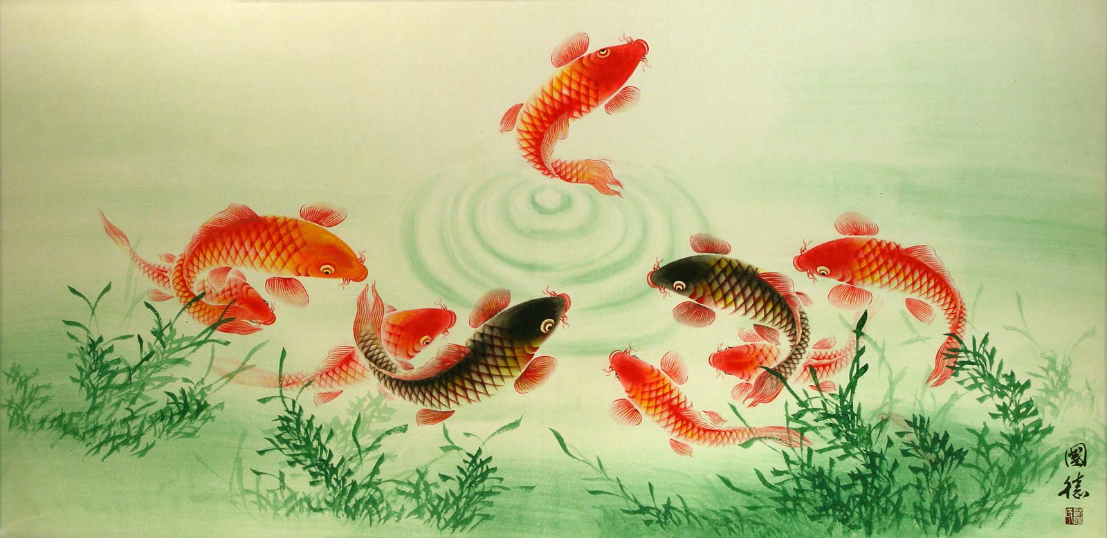 Chinese Koi Fish Large Painting