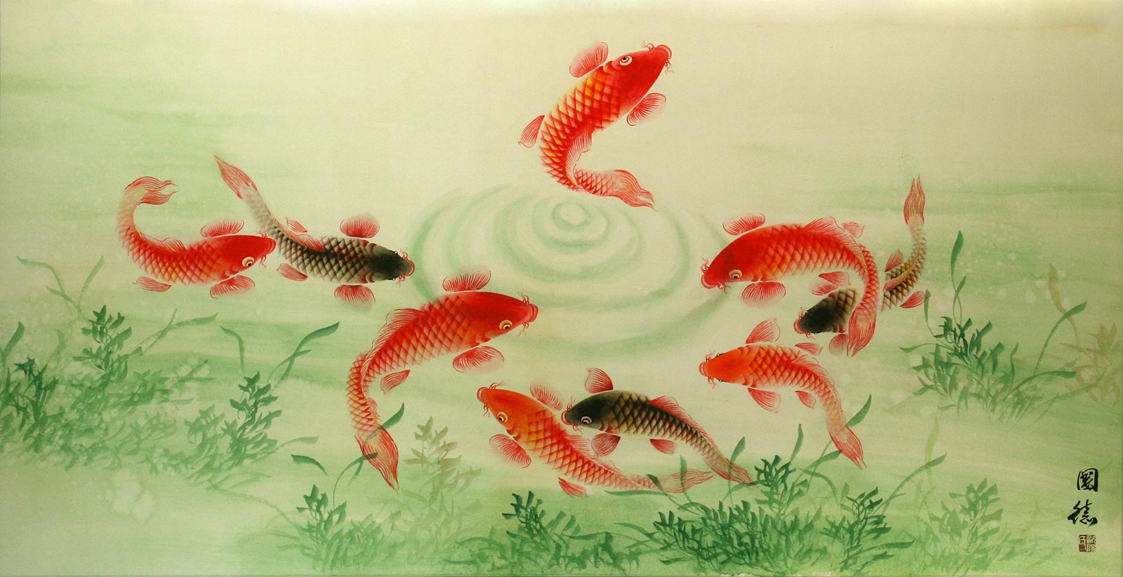 Koi Fish Feeding - Asian Painting