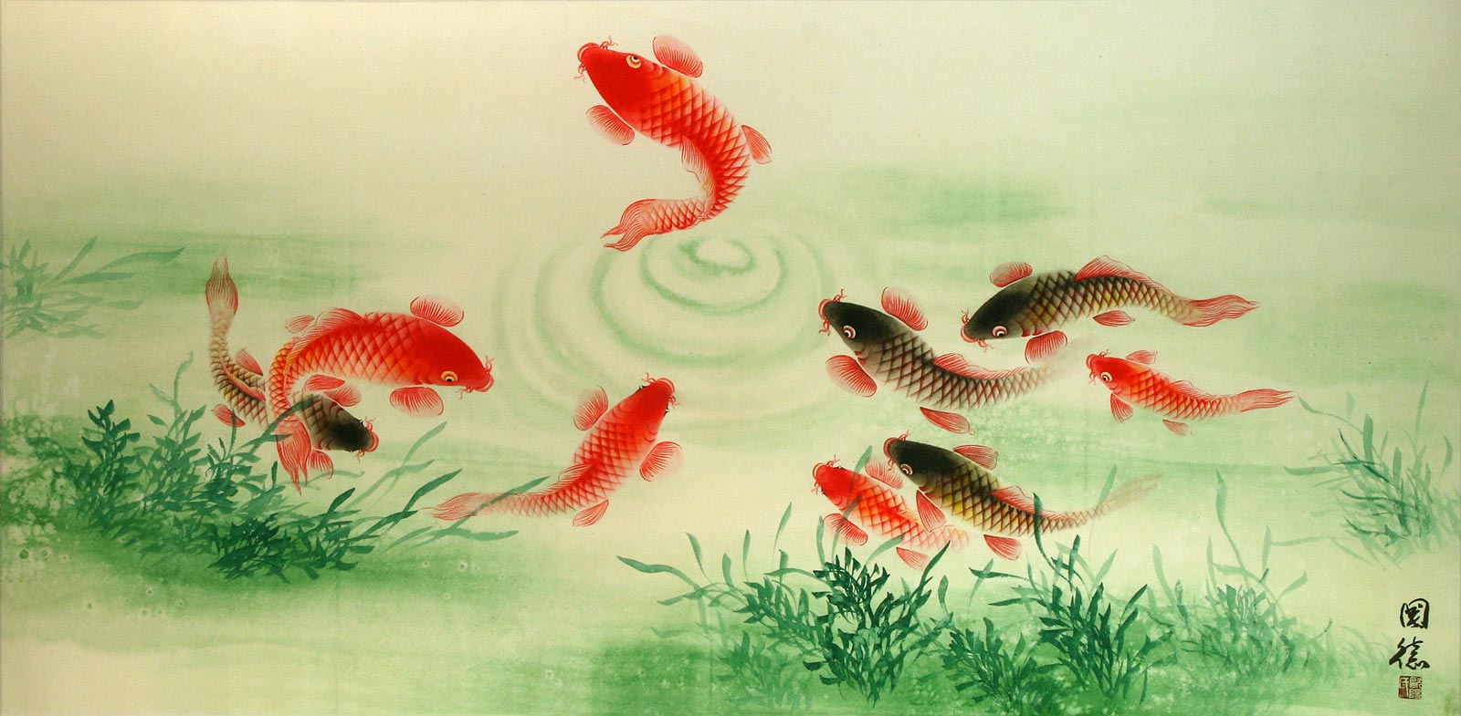 Koi Fish Feeding - Chinese Painting