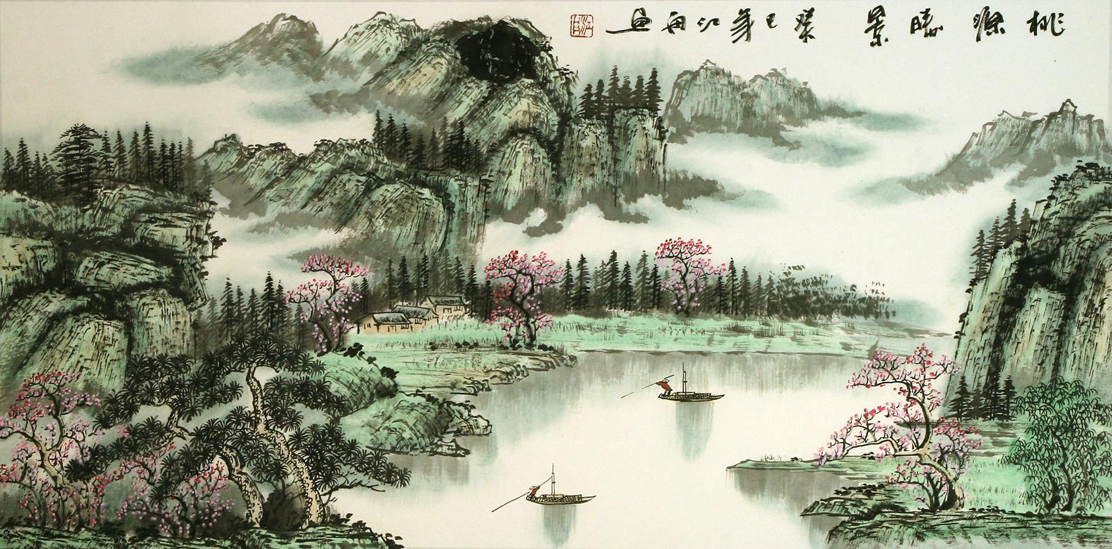 Chinese River Boat Village Taoyuan - Large Asian Art Landscape