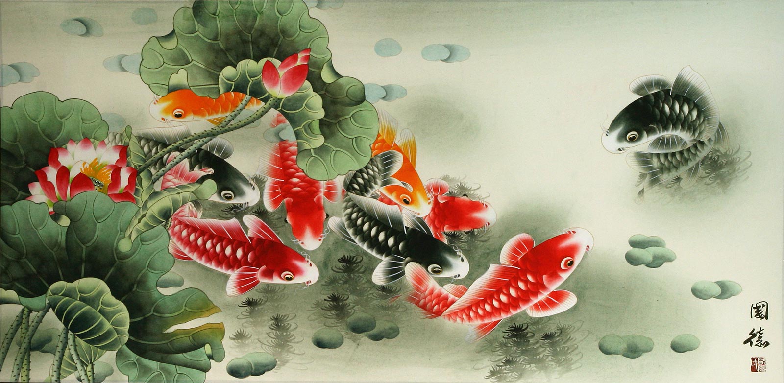 Large Koi Fish and Lotus Flower Painting