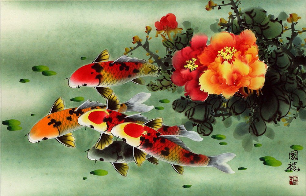 Koi Fish & Peony Flowers Painting