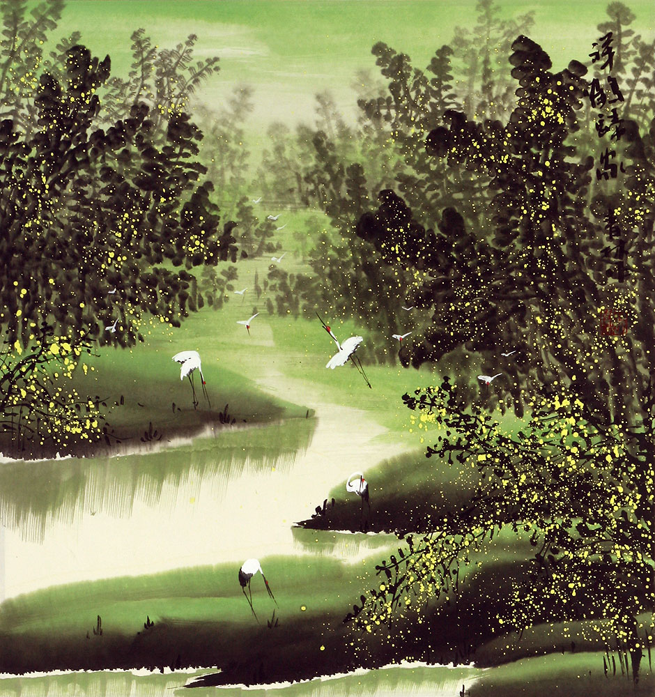 Auspicious Cranes Return Home - Chinese Crane Landscape Painting