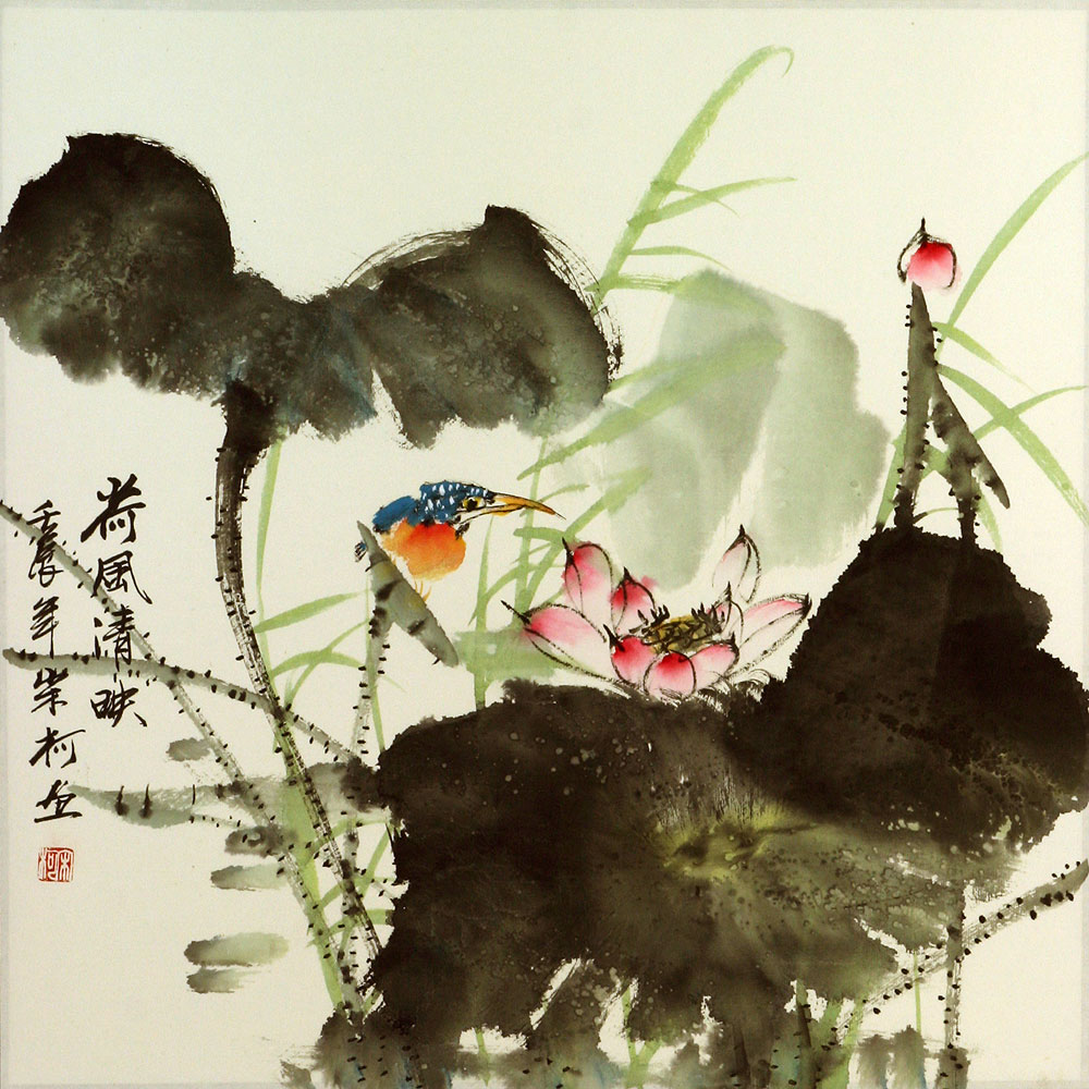 Chinese Bird and Lotus Breeze Painting