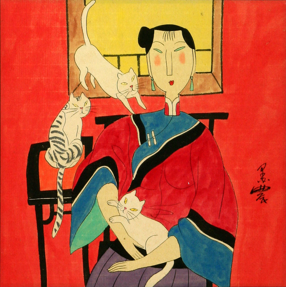 Woman and Three Cats - Chinese Modern Art Painting