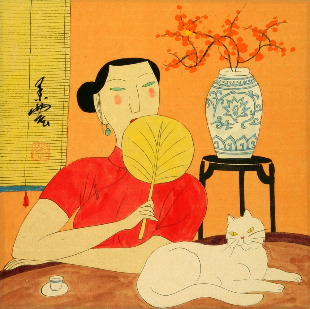 Asian Woman and Cat - Chinese Modern Art Painting