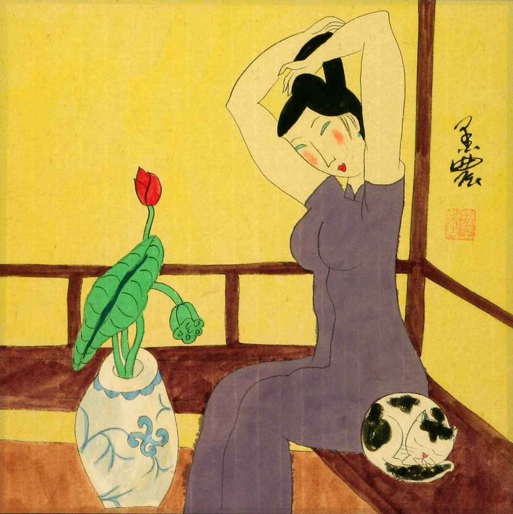 Asian Woman with Cat - Modern Art Painting