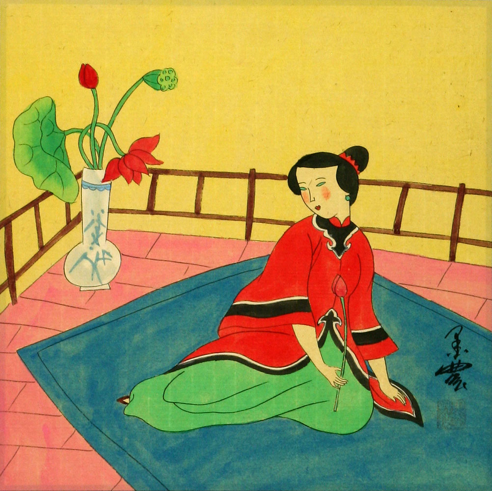 Woman Relaxing by Lotus Flowers - Chinese Modern Art Painting
