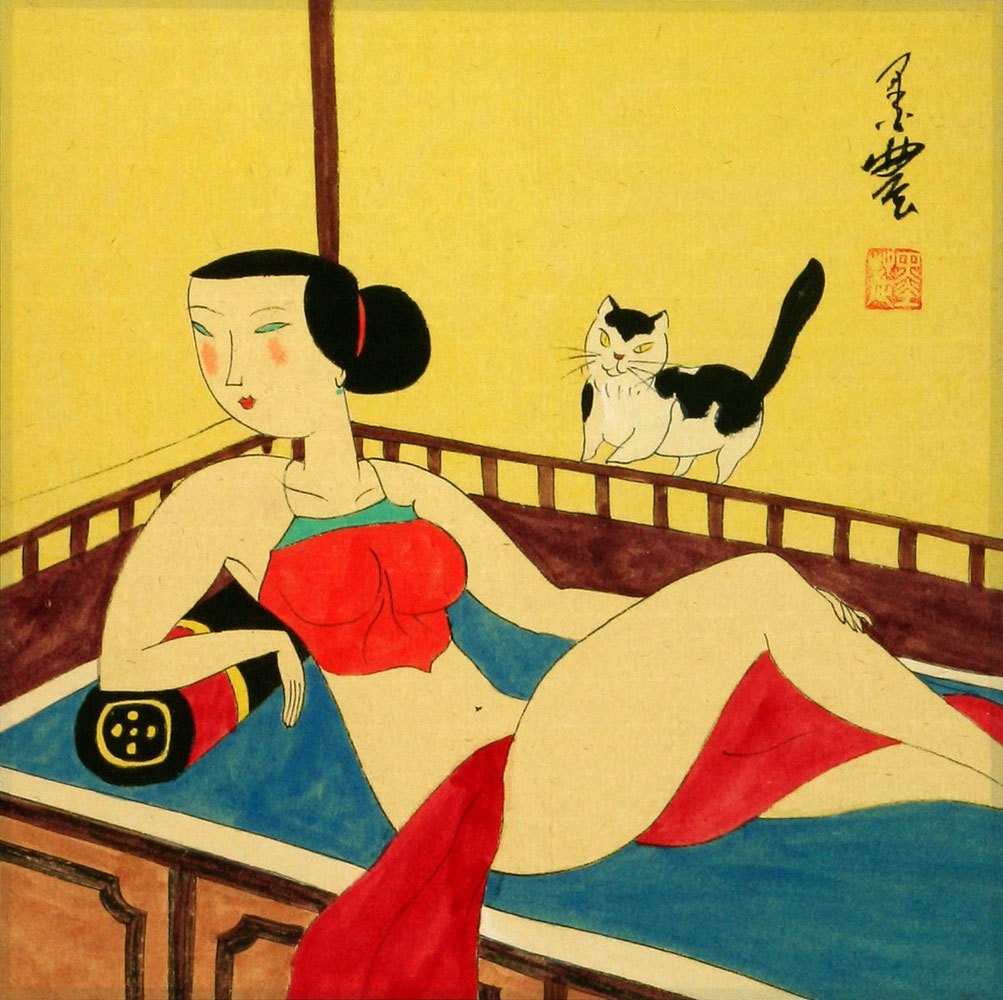 Sexy Chinese Woman Laying on Bed - Modern Art Painting