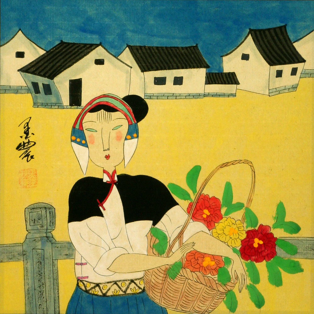 Woman and Flower Basket - Modern Folk Art Painting