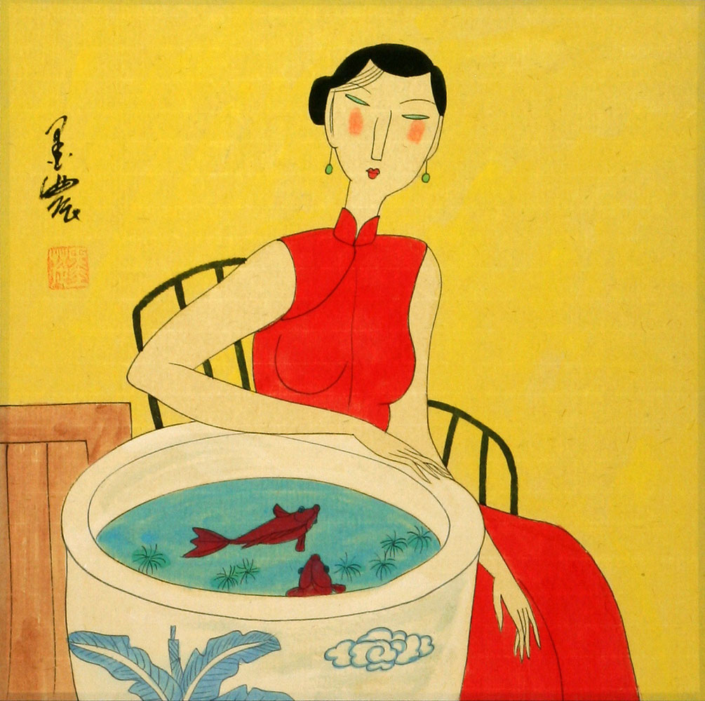 Asian Woman with Fish Bowl - Modern Art Painting