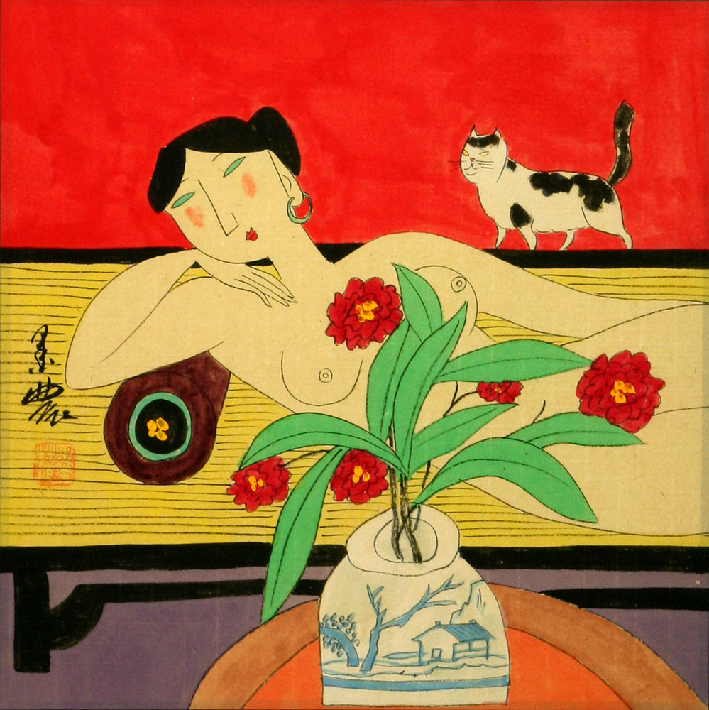 Nude Asian Woman on Bed with Cat - Modern Art Painting
