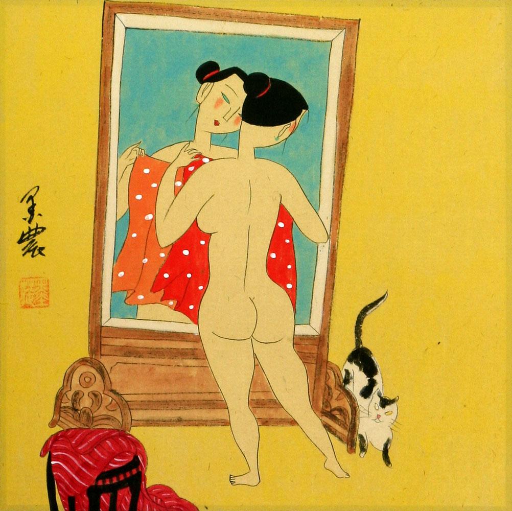 Nude Woman Mirror Gazing - Chinese Modern Art Painting