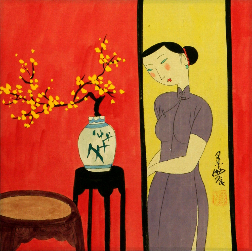 Plum Blossom in Vase, Woman in Cheongsam Dress - Modern Art Painting