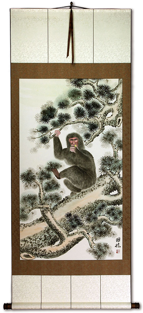 Monkey in Pine Tree - Asian Scroll