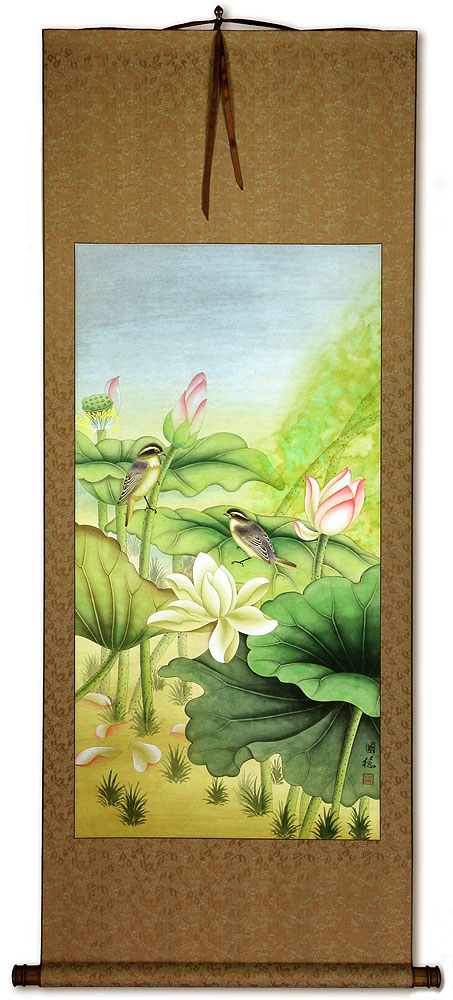 Asian Birds and Lotus Wall Scroll