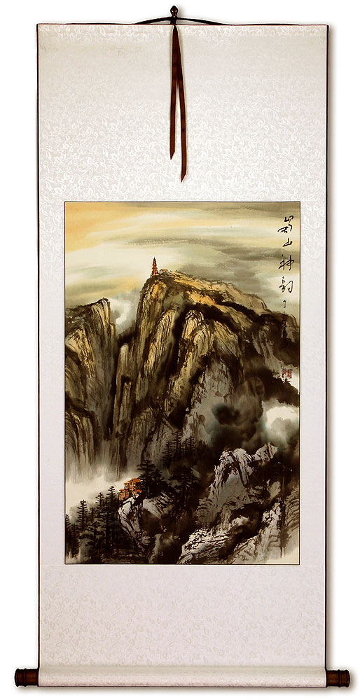 Mouintain Village and Pagoda Landscape Wall Scroll