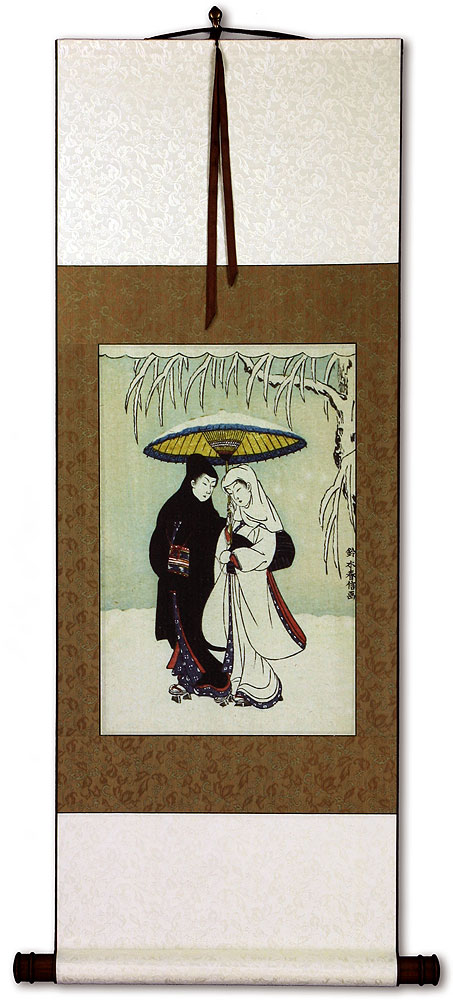 Lovers in the Snow - Japanese Woodblock Print Repro - Wall Scroll