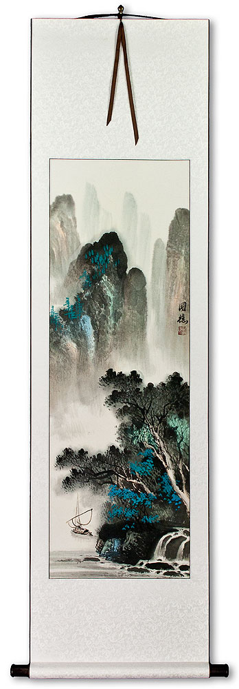 Asian Boat on River Landscape Wall Scroll