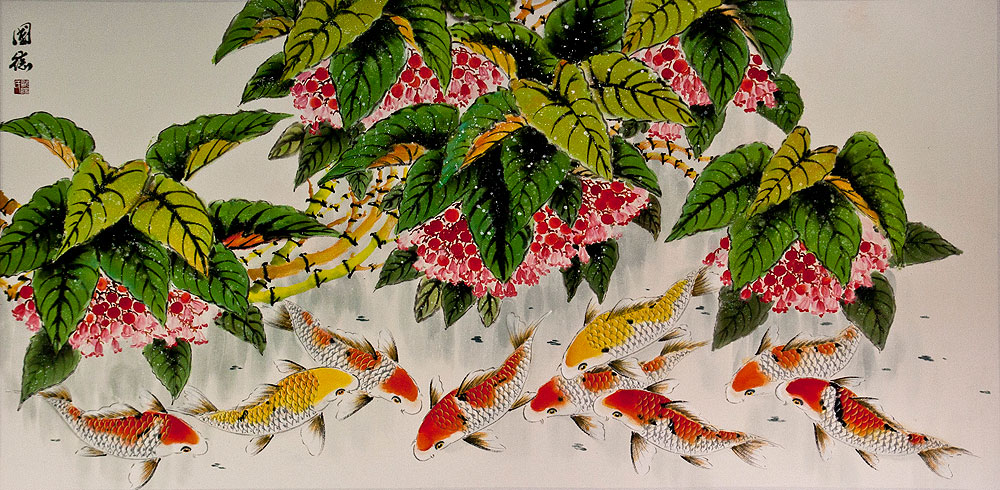 Koi Fish Feeding - Large Chinese Painting