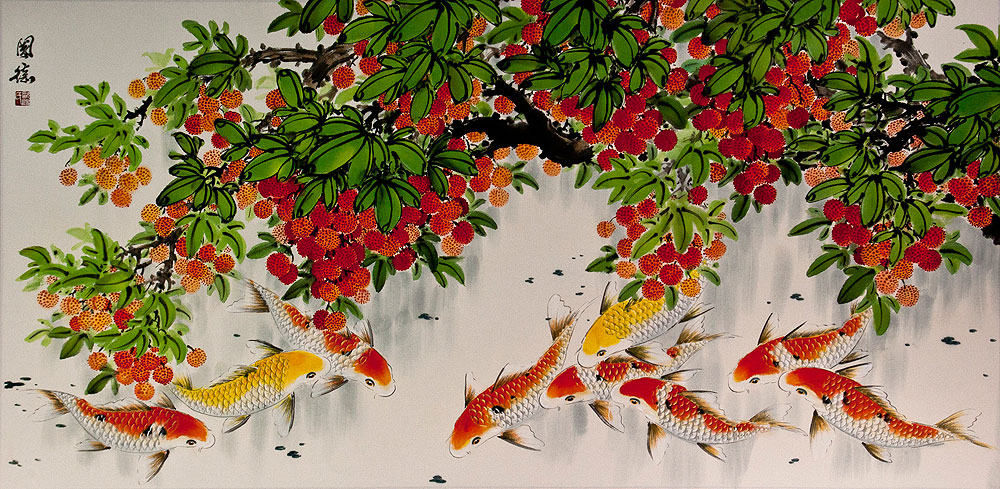 Huge Koi Fish and Lychee Fruit Chinese Painting